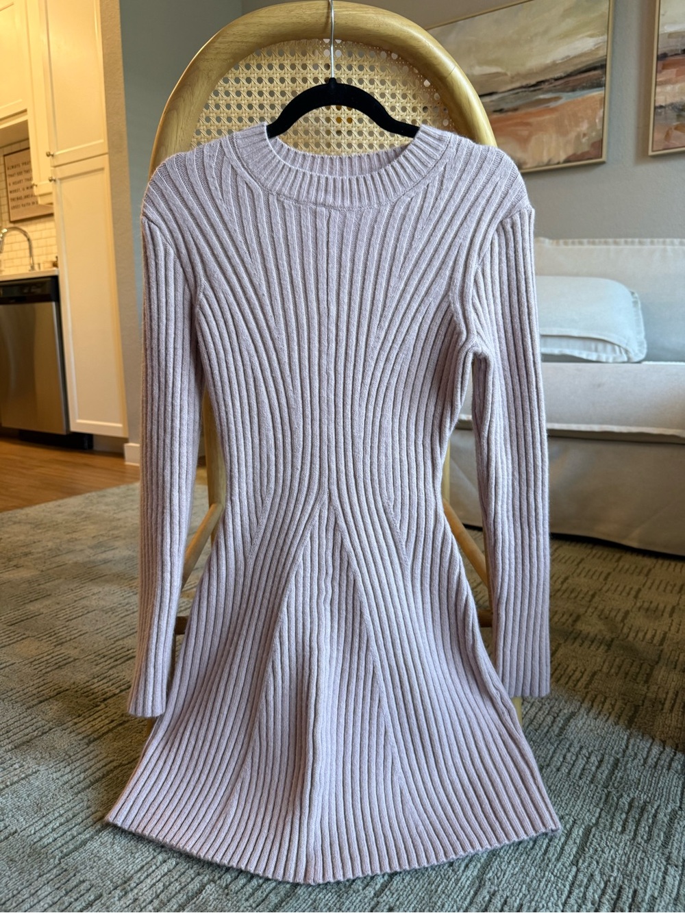 H&M Long-Sleeve Ribbed Knit Dress in Light Mauve